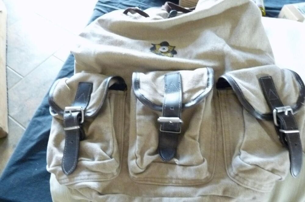 Hand Painted Canvas Backpack Rucksack Vintage Style Drawstring Khaki Rustic